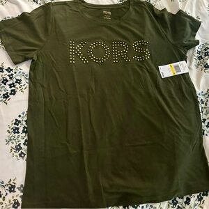 Michael Kors t-shirt. Green with brass decals/button. New with tags. Medium.